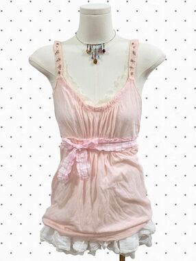 Abercrombie Vintage Light Pink Beaded Babydoll Top With Tie